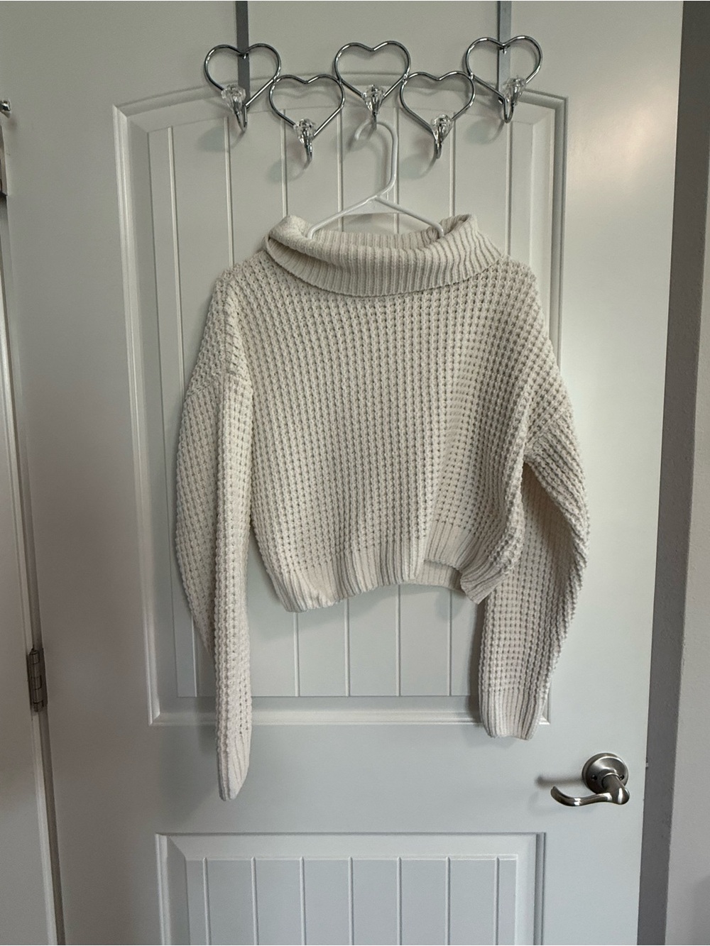 Cropped Cream Waffle-Knit Turtleneck Sweater
